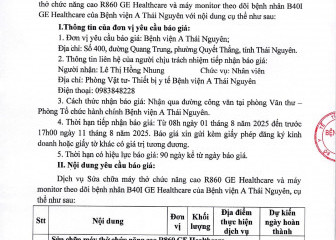Thông báo mời chào giá gói thầu: Sửa chữa máy thở chức năng cao R860 GE Healthcare và máy monitor theo dõi bệnh nhân B40I GE Healthcare