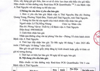 Thông báo mời chào giá gói thầu: Hiệu chuẩn và bảo dưỡng máy Real-time PCR QuantStudio TM 3 của Bệnh viện A Thái Nguyên