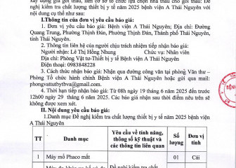 Thông báo tiếp nhận báo giá gói thầu: Đề nghị kiểm tra chất lượng thiết bị y tế năm 2025 bệnh viện A Thái Nguyên
