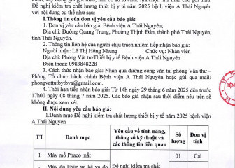 Thông báo mời chào giá gói thầu: Đề nghi kiểm tra chất lượng thiết bị y tế năm 2025 bệnh viện A Thái Nguyên