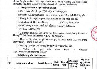 Thông báo mời chào giá gói thầu: Sửa chữa máy gây mê kèm thở Drager Fabius Plus và máy Xquang DR radspeed pro shimadzu của Bệnh viện A