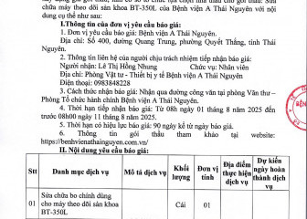 Thông báo mời chào giá gói thầu: Sửa chữa máy theo dõi sản khoa BT-350L của Bệnh viện A Thái Nguyên