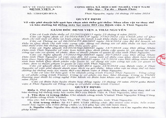 Quyết định về việc phê duyệt kết quả lựa chọn nhà thầu gói thầu: Mua sắm vật tư thay thế và bảo dưỡng hệ thống máy lọc nước RO của Bệnh viện A Thái Nguyên