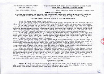 Quyết định phê duyệt kế hoạch lựa chọn nhà thầu gói thầu: Cung cấp suất ăn cho bệnh nhân khu điều trị theo yêu cầu của Bệnh viện A Thái Nguyên