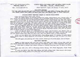 Quyết định phê duyệt kết quả lựa chọn nhà thầu gói thầu: Cung cấp suất ăn cho bệnh nhân khu điều trị theo yêu cầu của Bệnh viện A Thái Nguyên