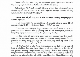 Luật sửa đổi, bổ sung một số điều của Luật Sử dụng năng lượng tiết kiệm và hiệu quả (Luật số 77/2025/QH15, có hiệu  lực thi hành từ ngày 01 tháng 01 năm 2026)