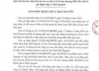 Quyết định về việc phê duyệt kết quả lựa chọn nhà thầu gói thầu: Mua sắm vỏ da đệm ghế, trải sàn da, thảm lót sàn cao su cho xe ô tô cứu thương BKS 20A-00473 của Bệnh viện A Thái Nguyên