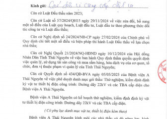 Thông báo mời chào hàng gói thầu: Thử nghiệm, kiểm định định kỳ vật tư thiết bị điện công trình: Đường dây 22kV và các TBA cấp điện cho Bệnh viện A Thái Nguyên