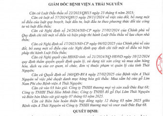 Quyết định về việc phê duyệt kết quả lựa chọn nhà thầu gói thầu: Mua sắm bộ cửa gỗ Lim Nam Phi cho Bệnh viện A Thái Nguyên