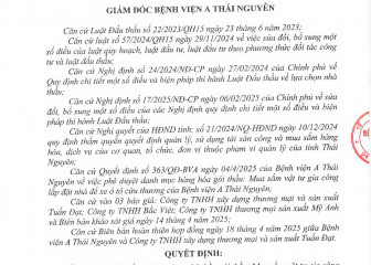 Quyết định về việc phê duyệt kết quả lựa chọn nhà thầu gói thầu: Mua sắm vật tư gia công lắp đặt nhà để xe ô tô cứu thương của Bệnh viện A Thái Nguyên