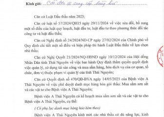 Thông báo mời chào hàng gói thầu: Mua sắm sơn sắt và các vật tư cho Bệnh viện A Thái Nguyên