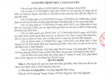 Quyết định về việc phê duyệt kết quả lựa chọn nhà thầu gói thầu: Mua sắm sơn sắt và các vật tư cho Bệnh viện A Thái Nguyên