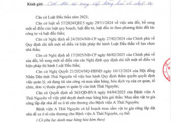 Thông báo mời chào hàng gói thầu: Mua sắm vật tư gia công lắp đặt nhà để xe ô tô cứu thương cho Bệnh viện A Thái Nguyên
