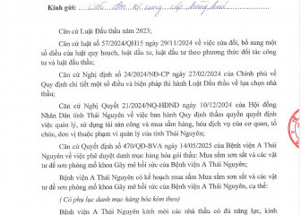 Thông báo mời chào hàng gói thầu: Mua sắm sơn sắt và các vật tư để sơn phòng mổ khoa Gây mê hồi sức của Bệnh viện A Thái Nguyên