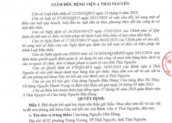 Quyết định về việc phê duyệt kết quả lựa chọn nhà thầu gói thầu: Mua sắm sơn sắt và các vật tư để sơn phòng mổ khoa Gây mê hồi sức của Bệnh viện A Thái Nguyên