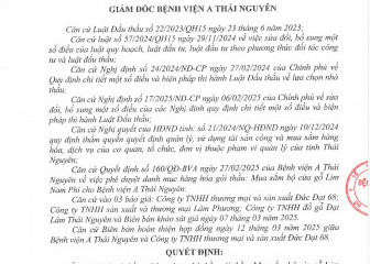 Quyết định về việc phê duyệt kết quả lựa chọn nhà thầu gói thầu: Mua sắm bộ cửa gỗ Lim Nam Phi cho Bệnh viện A Thái Nguyên
