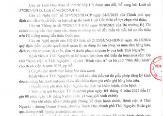 Thông báo mời chào giá gói thầu: Mua sắm bộ chữ "Bệnh viện A Thái Nguyên", bộ chữ" Bệnh viện A" và bộ chữ " Nhà điều hành" cho Bệnh viện A năm 2025