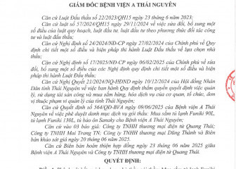 Quyết định về việc phê duyệt kết quả lựa chọn nhà thầu gói thầu: Mua sắm tủ lạnh Funiki 90L, tủ lanh Funiki 130L, tủ bảo ôn Sanaky cho Bệnh viện A Thái Nguyên
