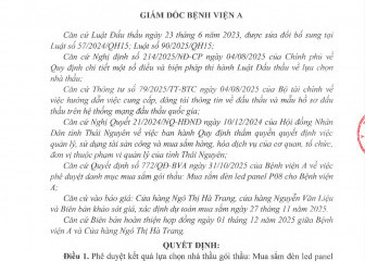 Quyết định về việc phê duyệt kết quả lựa chọn nhà thầu gói thầu: Mua sắm đèn led panel P08 cho Bệnh viện A