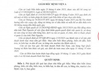 Quyết định về việc phê duyệt kết quả lựa chọn nhà thầu gói thầu: Mua sắm biển khoa phòng, biển chỉ dẫn, biển treo, in biển bạt, in đề can, in băng rôn, market cho Bệnh viện A