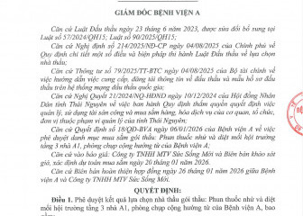 Quyết định về việc phê duyệt kết quản lựa chọn nhà thầu gói thầu: Phun thuốc nhử và diệt mối hội trường tầng 3 nhà A1, phòng chụp cộng hưởng từ của Bệnh viện A