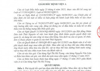 Quyết định về việc phê duyệt kết quả lựa chọn nhà thầu gói thầu: Mua sắm vật tư thay thế sửa chữa đường ống thoát nước điều hòa tòa nhà B1, vật tư thay thế bảo dưỡng bình nước nóng, vật tư thay thế sửa chữa trạm bơm của Bệnh viện A