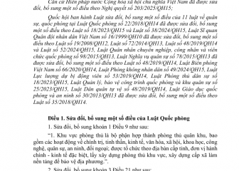 Luật sửa đổi, bổ sung một số điều của 11 Luật về quân sự, quốc phòng (Luật số 98/2025/QH15, có hiệu lực thi hành  từ ngày 01 tháng 7 năm 2025)