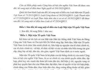Luật sửa đổi, bổ sung một số điều của Luật Mặt trận Tổ quốc Việt Nam, Luật Công đoàn, Luật Thanh niên và Luật  Thực hiện dân chủ ở cơ sở (Luật số 97/2025/QH15, có hiệu lực thi hành từ ngày 01 tháng 7 năm 2025)