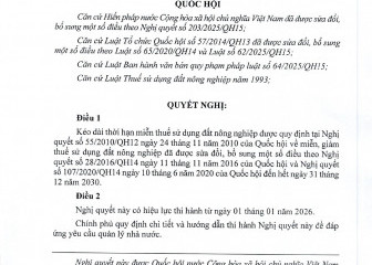 Nghị quyết về việc kéo dài thời hạn miễn thuế sử dụng đất nông nghiệp (Nghị quyết số 216/2025/QH15)