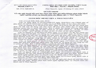 Quyết định về việc phê duyệt kết quả lựa chọn nhà thầu gói thầu: Khám phát hiện bệnh nghề nghiệp phục vụ chuyên môn cho Bệnh viện A Thái Nguyên