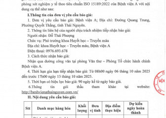 Thông báo mời chào giá gói thầu: Đánh giá giám sát phòng xét nghiệm y tế theo tiêu chuẩn ISO 15189:2022 của Bệnh viện A
