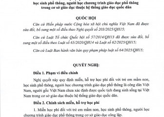 Nghị quyết về miễn, hỗ trợ học phí đối với trẻ em mầm non, học sinh phổ thông (Nghị quyết số 217/2025/QH15, có hiệu lực thi hành từ ngày 26  tháng 6 năm 2025)