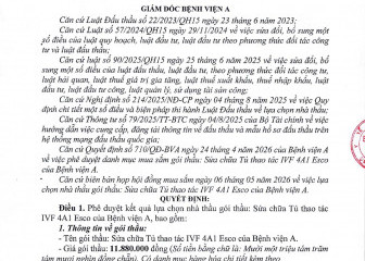 Quyết định về việc phê duyệt kết quả lựa chọn nhà thầu của gói thầu: Sửa chữa tủ thao tác IVF 4A1 Esco của Bệnh viện A
