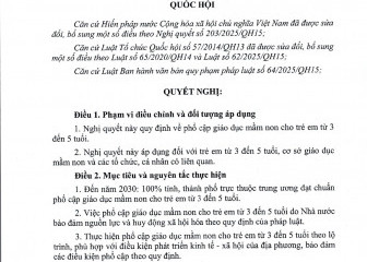 Nghị quyết về phổ cập giáo dục mầm non cho trẻ em mẫu giáo từ 3 đến 5 tuổi (Nghị quyết số 218/2025/QH15, có hiệu lực  thi hành từ ngày 26 tháng 6 năm 2025)