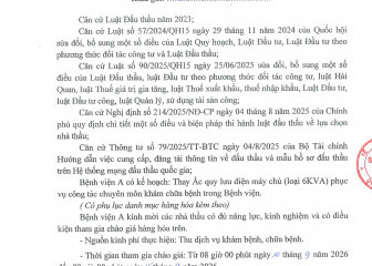 Thông báo mời chào hàng gói thầu: Thay Ắc quy lưu điện máy chủ (loại 6KVA) phục vụ công tác chuyên môn khám chữa bệnh trong Bệnh viện