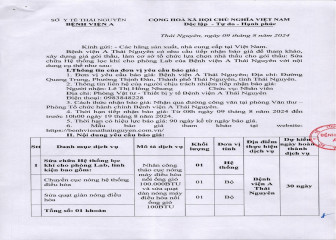 Thông báo mời chào giá gói thầu: Sửa chữa Hệ thống lọc khí cho phòng Lab của Bệnh viện A