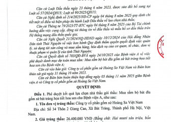 Quyết định về việc phê duyệt kết quả lựa chọn nhà thầu gói thầu: Mua sắm bộ bát đĩa gốm sứ bát tràng họa tiết hoa sen cho Bệnh viện A