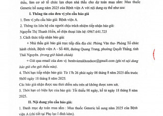 Thông báo mời chào giá gói thầu: Mua thuốc Generic bổ sung năm 2025 của Bệnh viện A