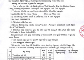 Thông báo mời chào giá gói thầu: Sửa chữa hệ thống khí trung tâm Bệnh viện A Thái Nguyên