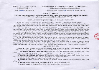 Quyết định Về việc phê duyệt kết quả lựa chọn nhà thầu gói thầu: Sửa chữa hệ thống lọc khí cho phòng Lab của Bệnh viện A Thái Nguyên