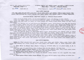 Quyết định Về việc phê duyệt kết quả lựa chọn nhà thầu gói thầu: Mua máy bơm cấp nước Hệ thống lọc nước dùng cho máy thận của Bệnh viện A Thái Nguyên