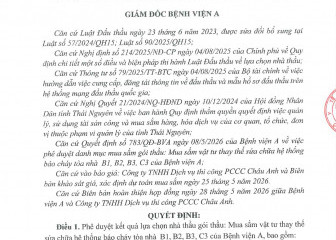 Quyết định về việc phê duyệt kết quả lựa chọn nhà thầu gói thầu: Mua sắm vật tư thay thế sửa chữa hệ thống báo cháy tòa nhà B1, B2, B3, C3 của Bệnh viện A