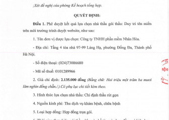 Quyết định về việc phê duyệt kết quả lựa chọn nhà thầu gói thầu: Duy trì tên miền trên môi trường trình duyệt website