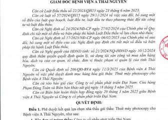 Quyết định về việc phê duyệt kết quả lựa chọn nhà thầu gói thầu: Thuê váy photocopy cho Bệnh viện A Thái Nguyên