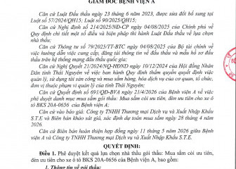 Quyết định về việc phê duyệt kết quả lựa chọn nhà thầu gói thầu: Mua sắm còi ưu tiên, đèn ưu tiên cho xe ô tô BKS 20A-0656 của Bệnh viện A