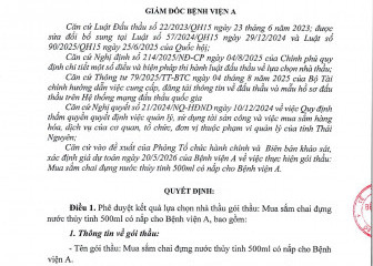 Quyết định về việc phê duyệt kết quả lựa chọn nhà thầu của gói thầu: Mua sắm chai đựng nước thủy tinh 500ml có nắm cho Bệnh viện A
