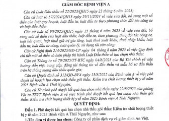 Quyết định về việc phê duyệt kết quả lựa chọn nhà thầu gói thầu: Kiểm tra chất lượng thiết bị y tế năm 2025 Bệnh viện A