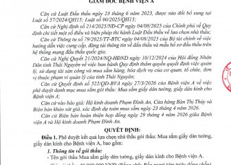 Quyết định về việc phê duyệt kết quả lựa chọn nhà thầu gói thầu: Mua sắm giấy dán tường, giấy dán kính cho Bệnh viện A