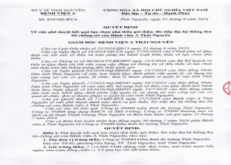 Quyết định về việc phê duyệt kết quả lựa chọn nhà thầu gói thầu: Đo tiếp địa hệ thống thu lôi chống sét của Bệnh viện A Thái Nguyên