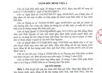 Quyết định về việc phê duyệt kết quả lựa chọn nhà thầu gói thầu: Mua sắm đồng hồ đo lưu lượng nước sạch, đồng hồ đo lưu lượng nước thải, mặt bích 50x2, côn thu 63/50, kìm cắt cho Bệnh viện A